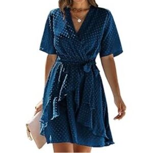 NWT Blue Faux Wrap Dress with Tie Waist